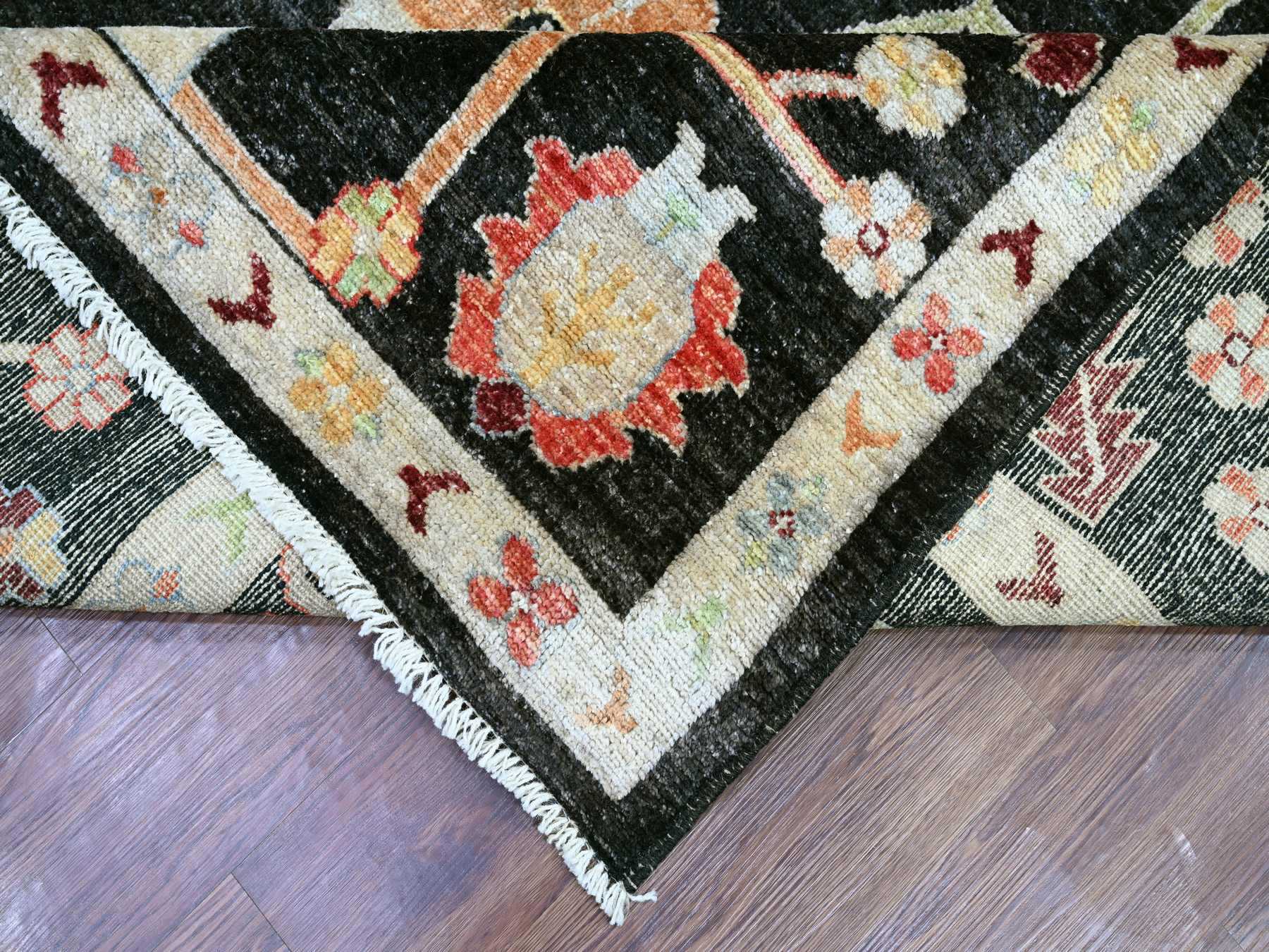 9'1"x11'7" Charcoal Black, Hand Knotted, Afghan Angora Oushak with Colorful Leaf Design, 100% Wool, Vegetable Dyes, Oriental Rug HR22685 - Image 6