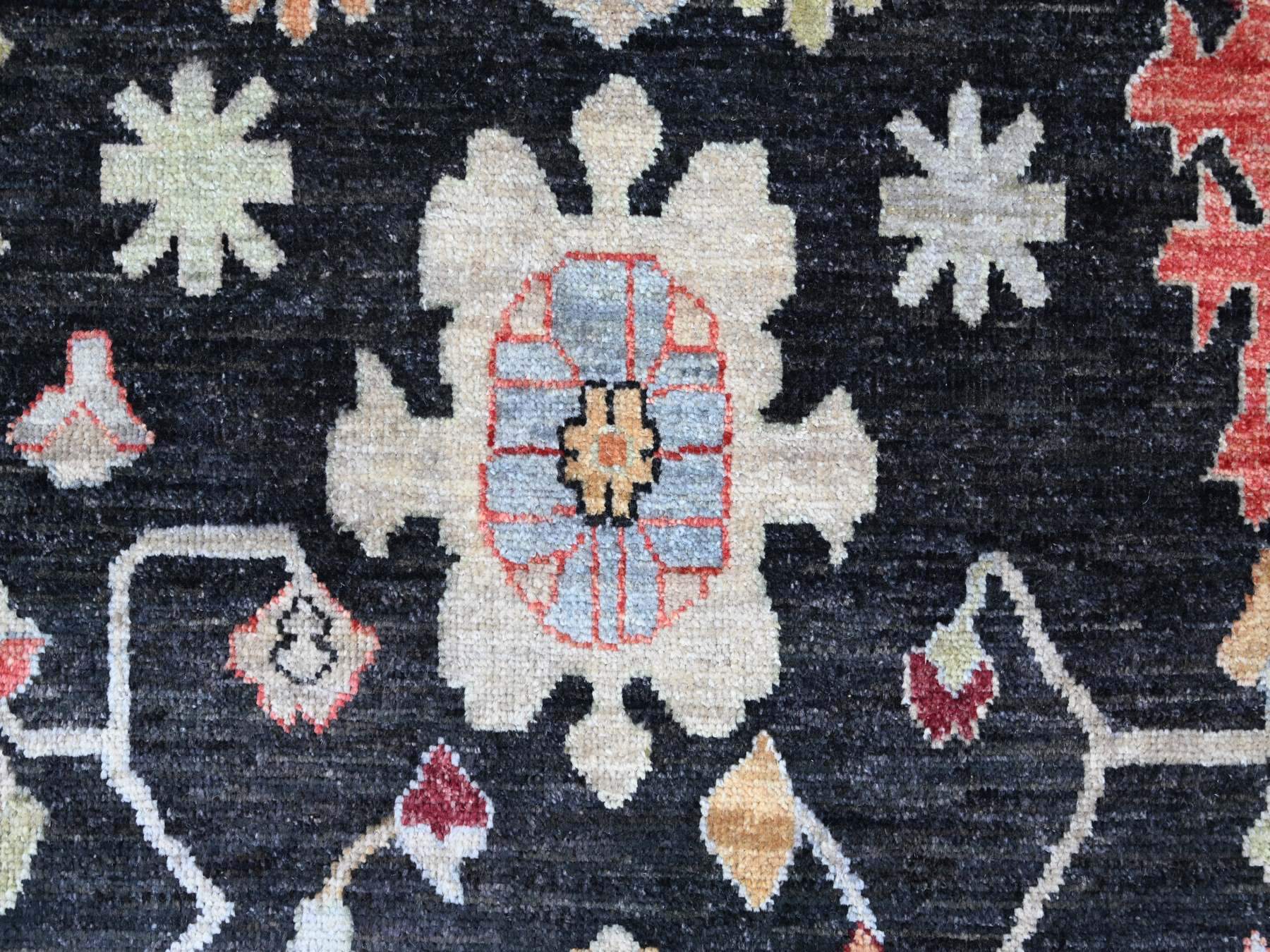 9'1"x11'7" Charcoal Black, Hand Knotted, Afghan Angora Oushak with Colorful Leaf Design, 100% Wool, Vegetable Dyes, Oriental Rug HR22685 - Image 8