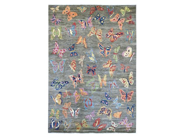 9'6"x13'8" Fossil Gray, Afghan Peshawar with Colorful Butterfly Design, Soft and Velvety Wool, Hand Knotted, Oriental Rug HR22694