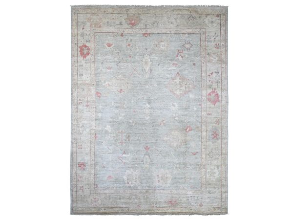 9'2"x12' Light Gray, Afghan Angora Oushak with All Over Leaf Design, Hand Knotted, 100% Wool, Vegetable Dyes, Oriental Rug HR22701