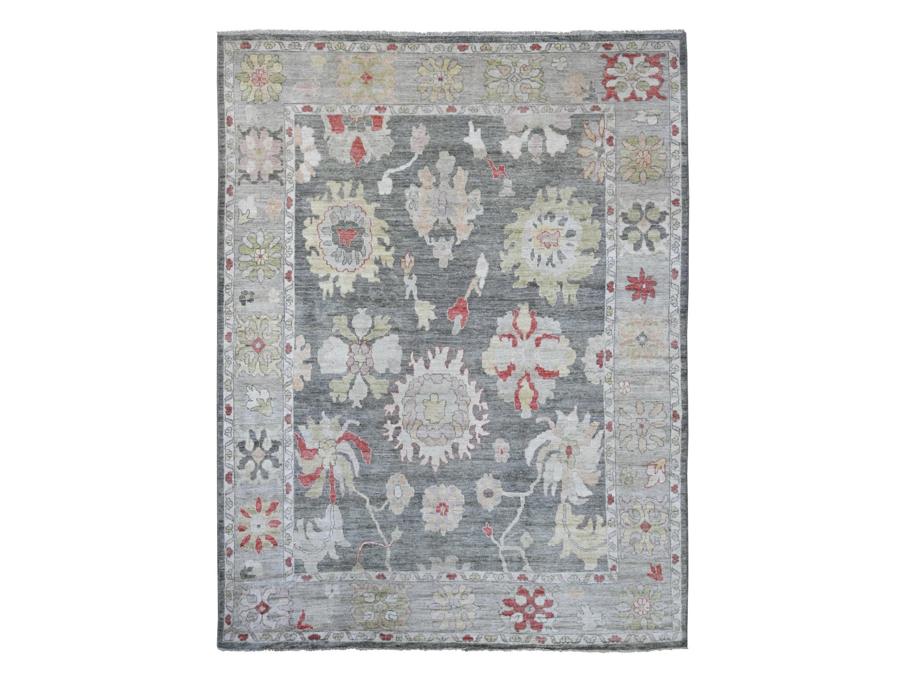 9'1"x12' Charcoal Gray, Afghan Angora Oushak with Large Leaf Design, Hand Knotted, 100% Wool, Vegetable Dyes, Oriental Rug HR22704