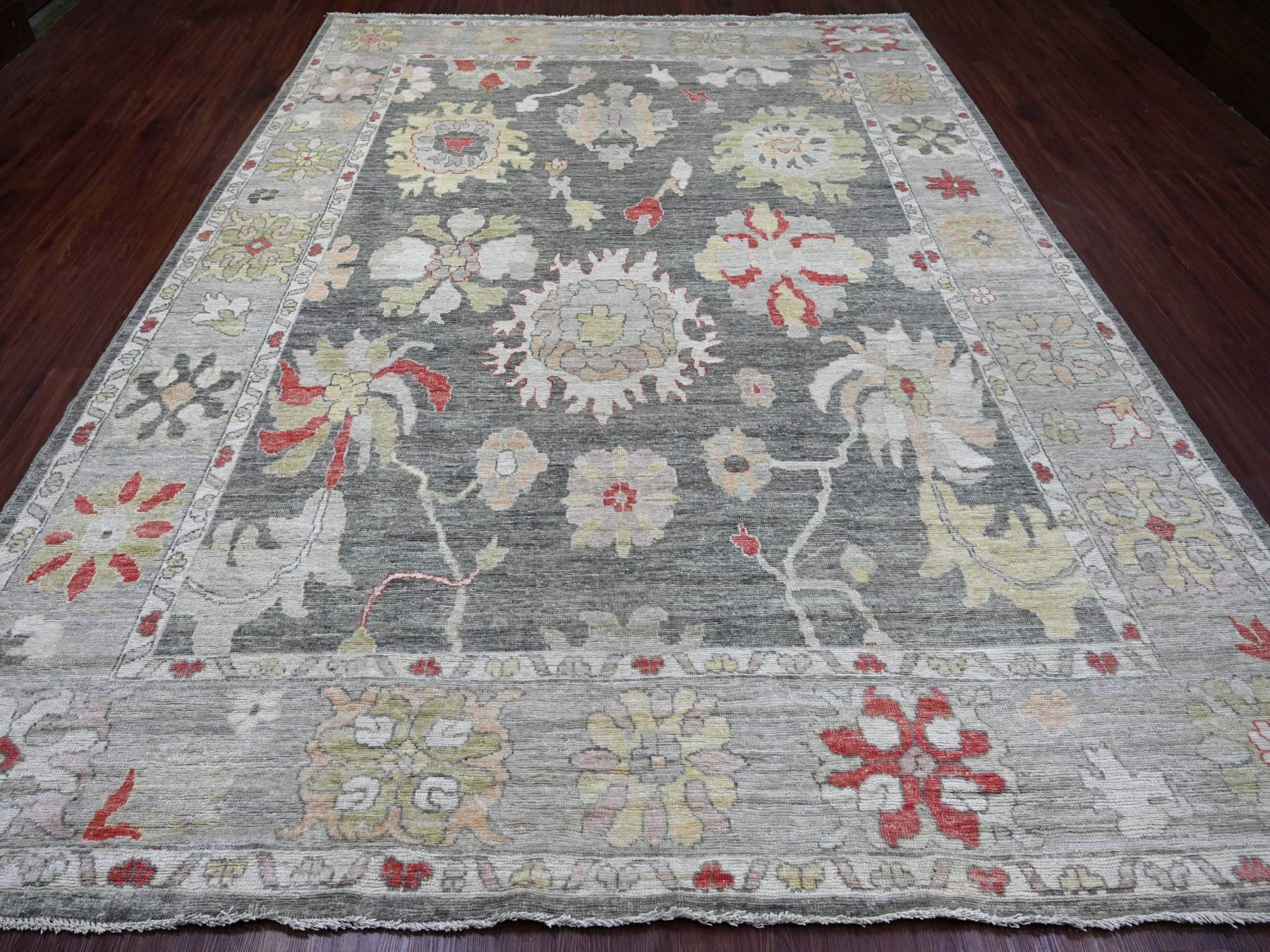 9'1"x12' Charcoal Gray, Afghan Angora Oushak with Large Leaf Design, Hand Knotted, 100% Wool, Vegetable Dyes, Oriental Rug HR22704 - Image 2