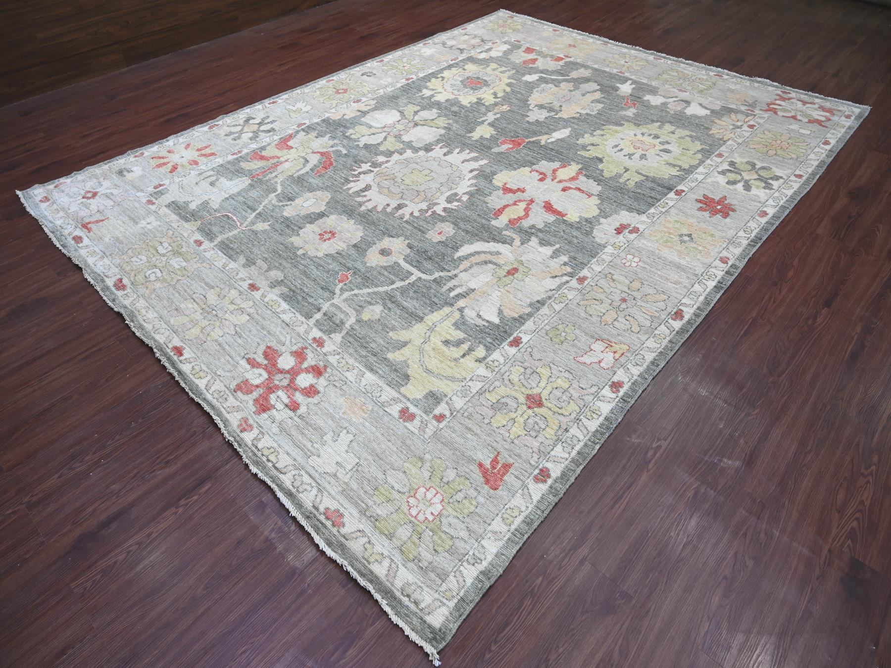 9'1"x12' Charcoal Gray, Afghan Angora Oushak with Large Leaf Design, Hand Knotted, 100% Wool, Vegetable Dyes, Oriental Rug HR22704 - Image 3