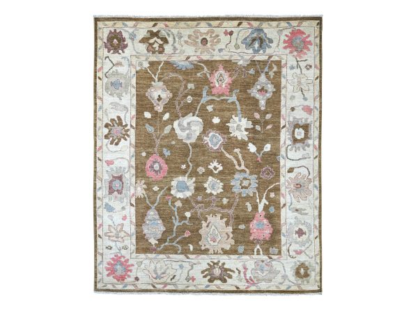 8'1"x9'8" Almond Brown, Afghan Angora Oushak with All Over Leaf Design, Hand Knotted, 100% Wool, Vegetable Dyes, Oriental Rug HR22705
