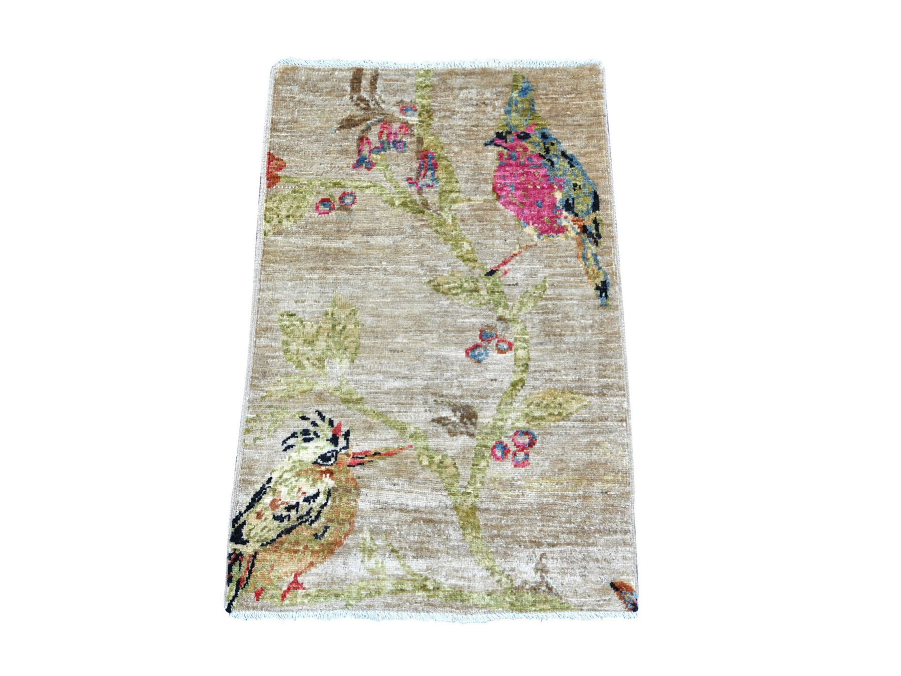 2'x3' Beige, Sparrows on the Tree, Peshawar, High Mountain Wool, Finely Hand Knotted, Soft to the Touch, Mat, Sample, Oriental Rug HR22711