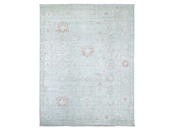 8'9"x11'8" Light Green, Afghan Angora Oushak with All Over Leaf Design, Hand Knotted, 100% Wool, Vegetable Dyes, Oriental Rug HR22722
