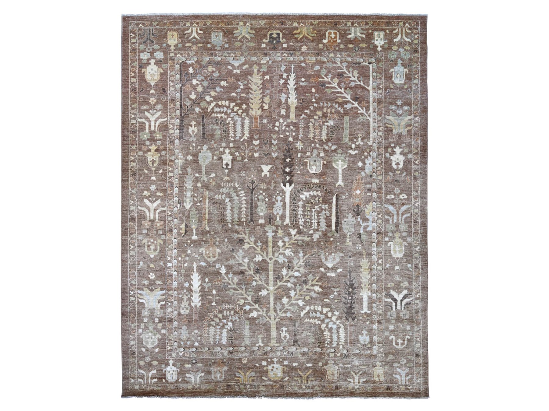 9'6"x11'8" Cedar Brown, Afghan Angora Oushak with Willow and Cypress Tree Design, Hand Knotted, 100% Wool, Vegetable Dyes, Oriental Rug HR22724