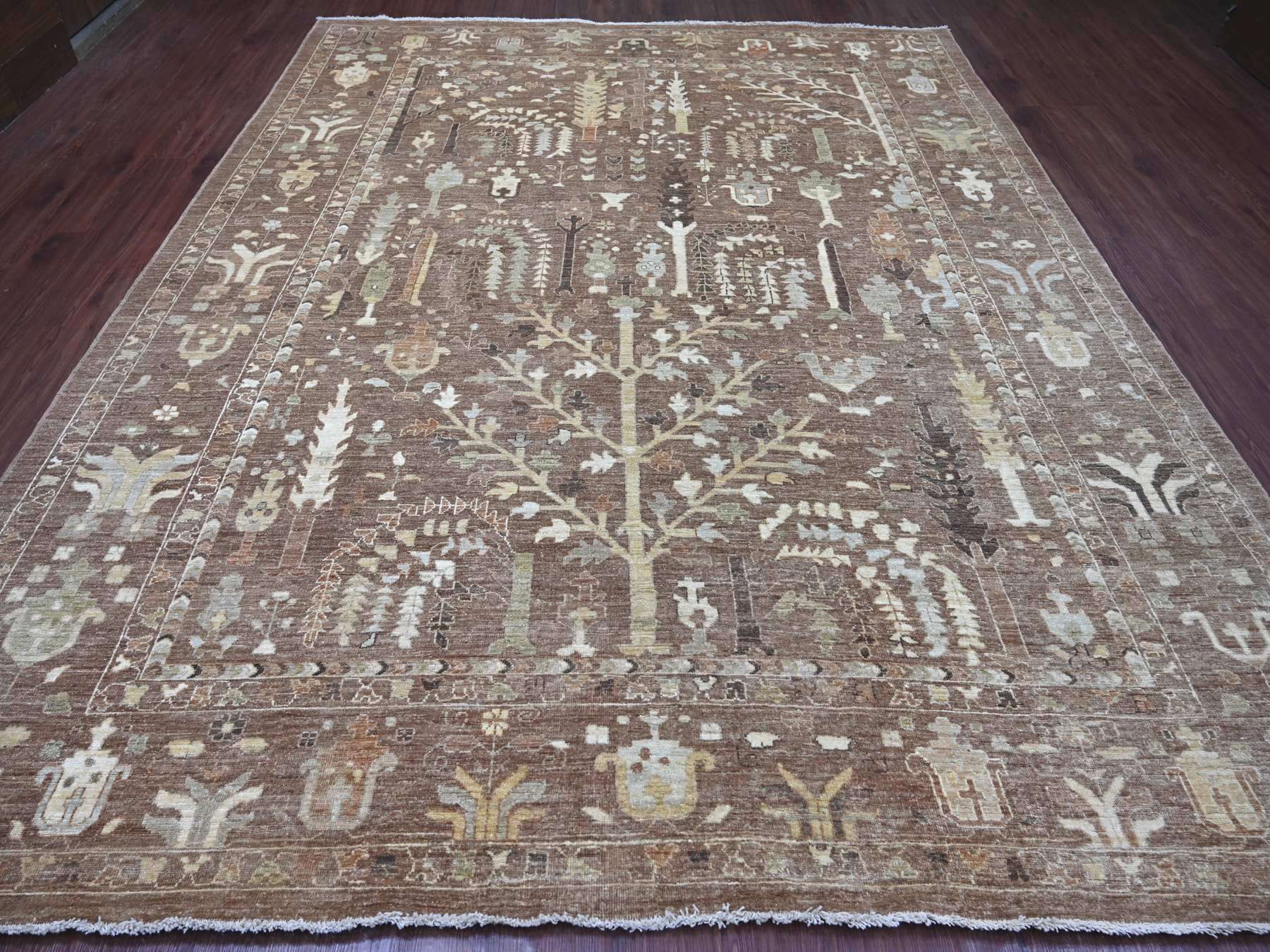 9'6"x11'8" Cedar Brown, Afghan Angora Oushak with Willow and Cypress Tree Design, Hand Knotted, 100% Wool, Vegetable Dyes, Oriental Rug HR22724 - Image 2