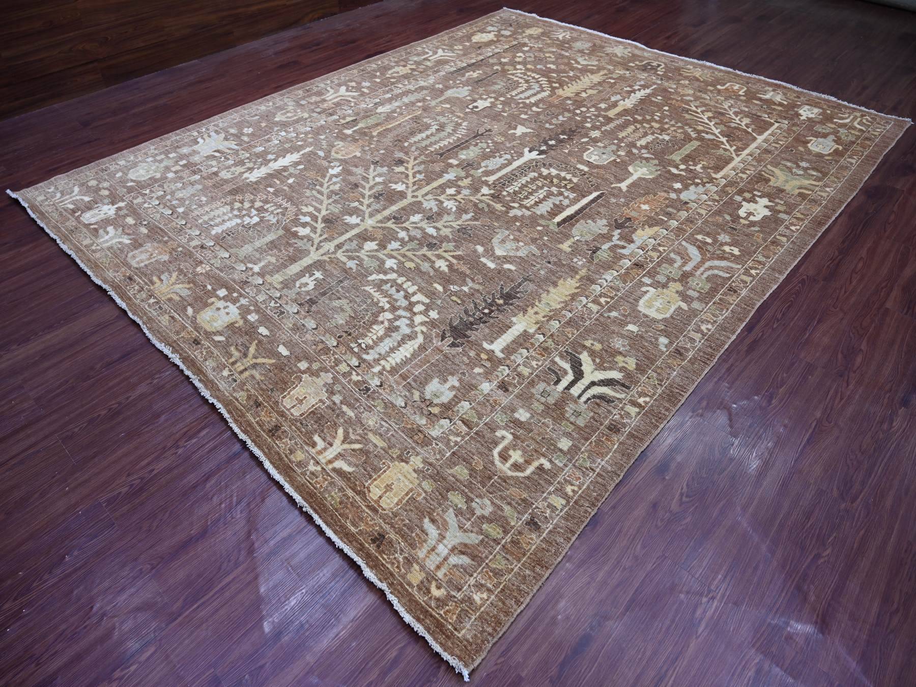 9'6"x11'8" Cedar Brown, Afghan Angora Oushak with Willow and Cypress Tree Design, Hand Knotted, 100% Wool, Vegetable Dyes, Oriental Rug HR22724 - Image 3