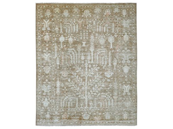 8'x9'9" Cedar Brown, Afghan Angora Oushak with Willow and Cypress Tree Design, Hand Knotted, 100% Wool, Vegetable Dyes, Oriental Rug HR22747