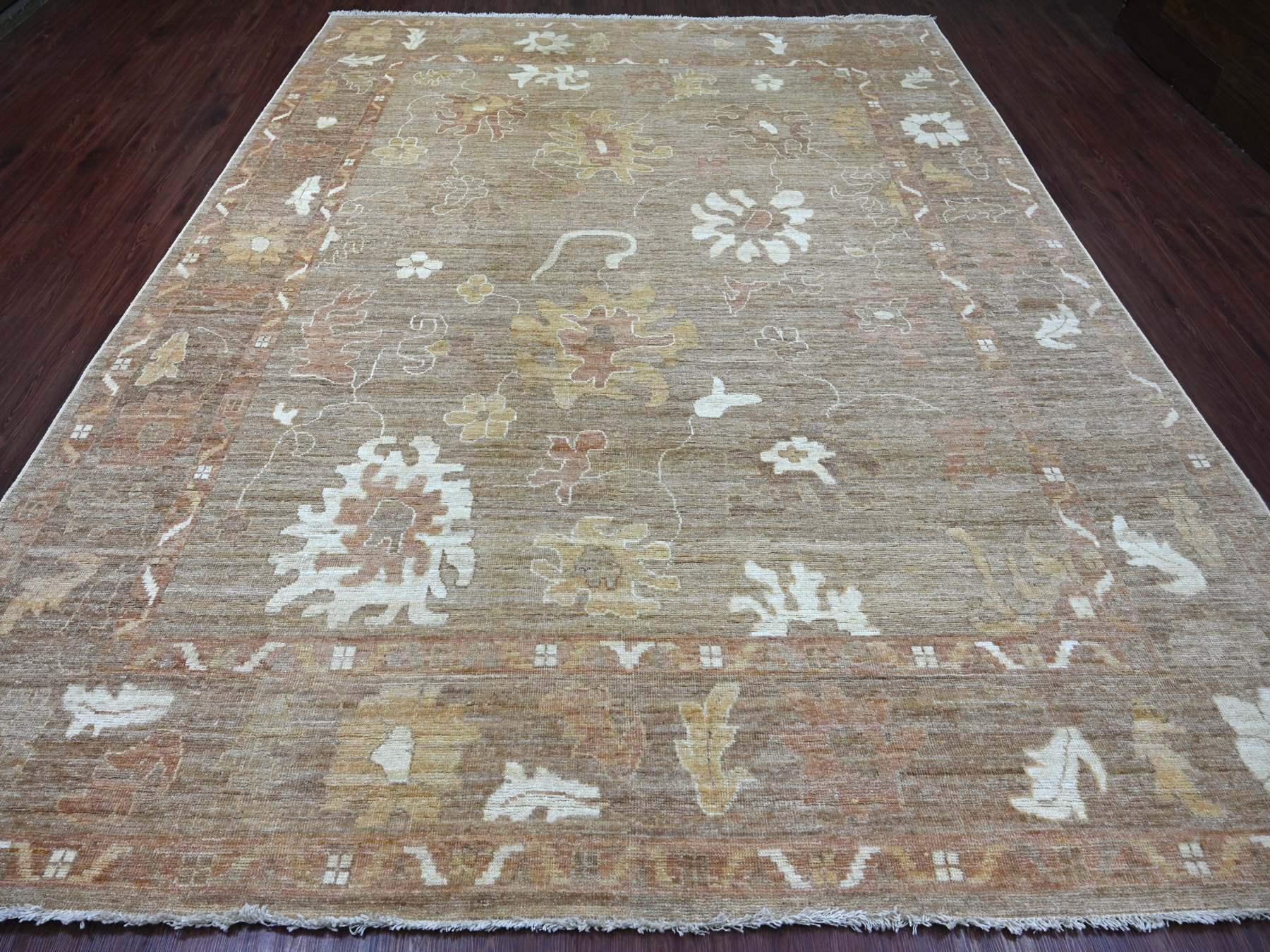 9'3"x11'10" Light Brown, Afghan Angora Oushak with All Over Leaf Design, Hand Knotted, 100% Wool, Vegetable Dyes, Oriental Rug HR22749 - Image 2