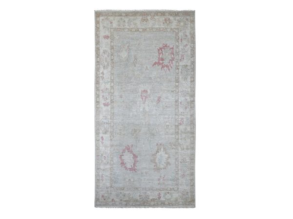 5'10"x11'8" Light Gray, Afghan Angora Oushak with All Over Leaf Design, Hand Knotted, 100% Wool, Vegetable Dyes, Extra Wide Runner, Oriental Rug HR22750