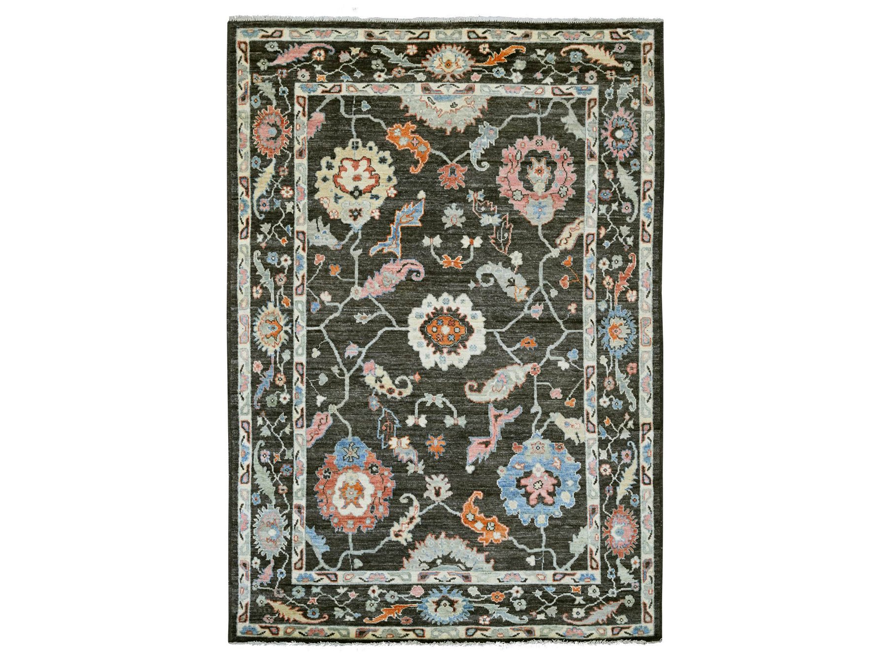 6'1"x8'10" Charcoal Black, Afghan Angora Oushak with All Over Leaf Design, Hand Knotted, 100% Wool, Vegetable Dyes, Oriental Rug HR22751