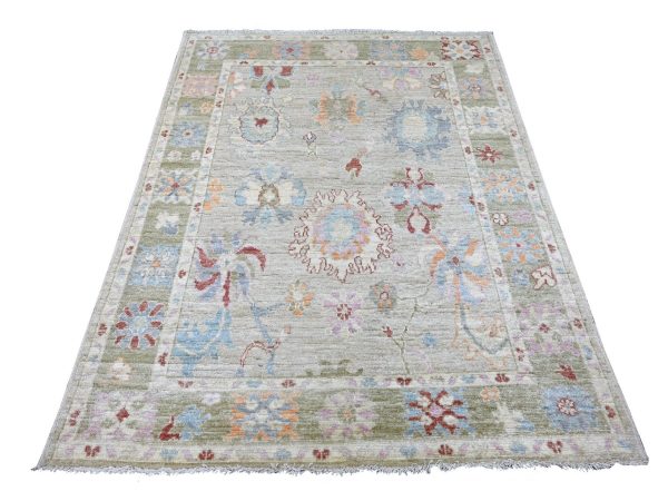 5'x6'5" Light Gray, Afghan Angora Oushak with All Over Leaf Design, Hand Knotted, 100% Wool, Vegetable Dyes, Oriental Rug HR22755