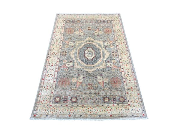 3'10"x5'10" Misty Gray, 14th Century Mamluk Dynasty Pattern with Star Medallion Design, Hand Knotted, High Mountain Wool, Vegetable Dyes, Oriental Rug HR22768