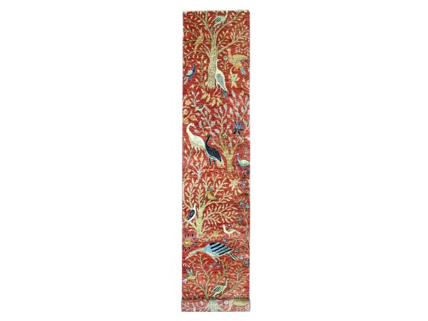 2'10"x15'10" Crimson Red, Hand Knotted, Afghan Peshawar with Birds of Paradise Design, Soft and Shiny Wool, Vegetable Dyes, XL Runner, Oriental Rug HR22816