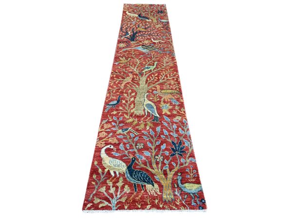 2'6"x12' Crimson Red, Hand Knotted, Afghan Peshawar with Birds of Paradise Design, Soft and Shiny Wool, Vegetable Dyes, Runner, Oriental Rug HR22819
