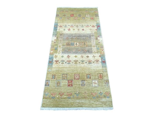 2'6"x5'9" Olive Green, Fine Kashkuli Gabbeh with Small Animal Figurines, Hand Knotted, Soft Wool, Vegetable Dyes, Runner, Oriental Rug HR22866