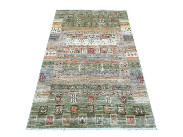 4'x5'10" Sage Green, Fine Kashkuli Gabbeh with Small Animal Figurines, Hand Knotted, Soft Wool, Vegetable Dyes, Oriental Rug HR22868