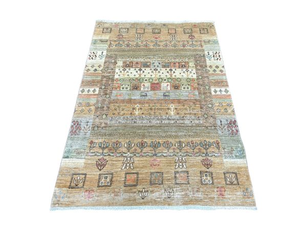 4'x5'7" Shades of Brown, Fine Kashkuli Gabbeh with Small Animal Figurines, Hand Knotted, Soft Wool, Vegetable Dyes, Oriental Rug HR22870