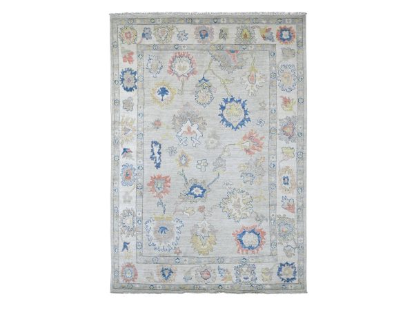 6'2"x8'10" Light Gray, Afghan Angora Oushak with Colorful Leaf Design, Hand Knotted, 100% Wool, Vegetable Dyes, Oriental Rug HR22881