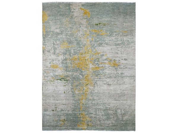 8'9"x12' Green with Gold, Modern Abstract Design, Hand Knotted, Pure Afghan Wool, Oriental Rug HR22886
