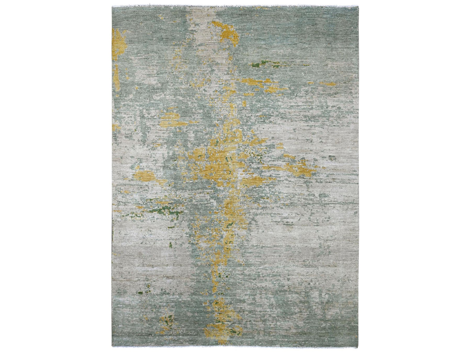 8'9"x12' Green with Gold, Modern Abstract Design, Hand Knotted, Pure Afghan Wool, Oriental Rug HR22886