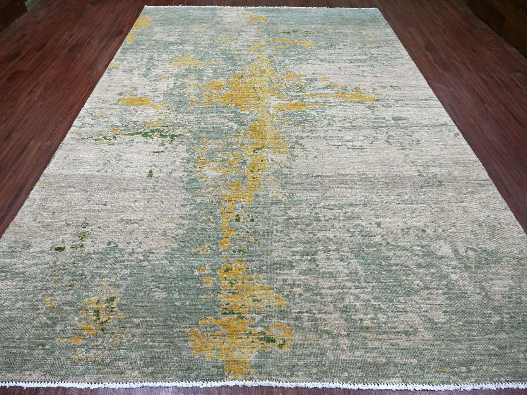 8'9"x12' Green with Gold, Modern Abstract Design, Hand Knotted, Pure Afghan Wool, Oriental Rug HR22886 - Image 2