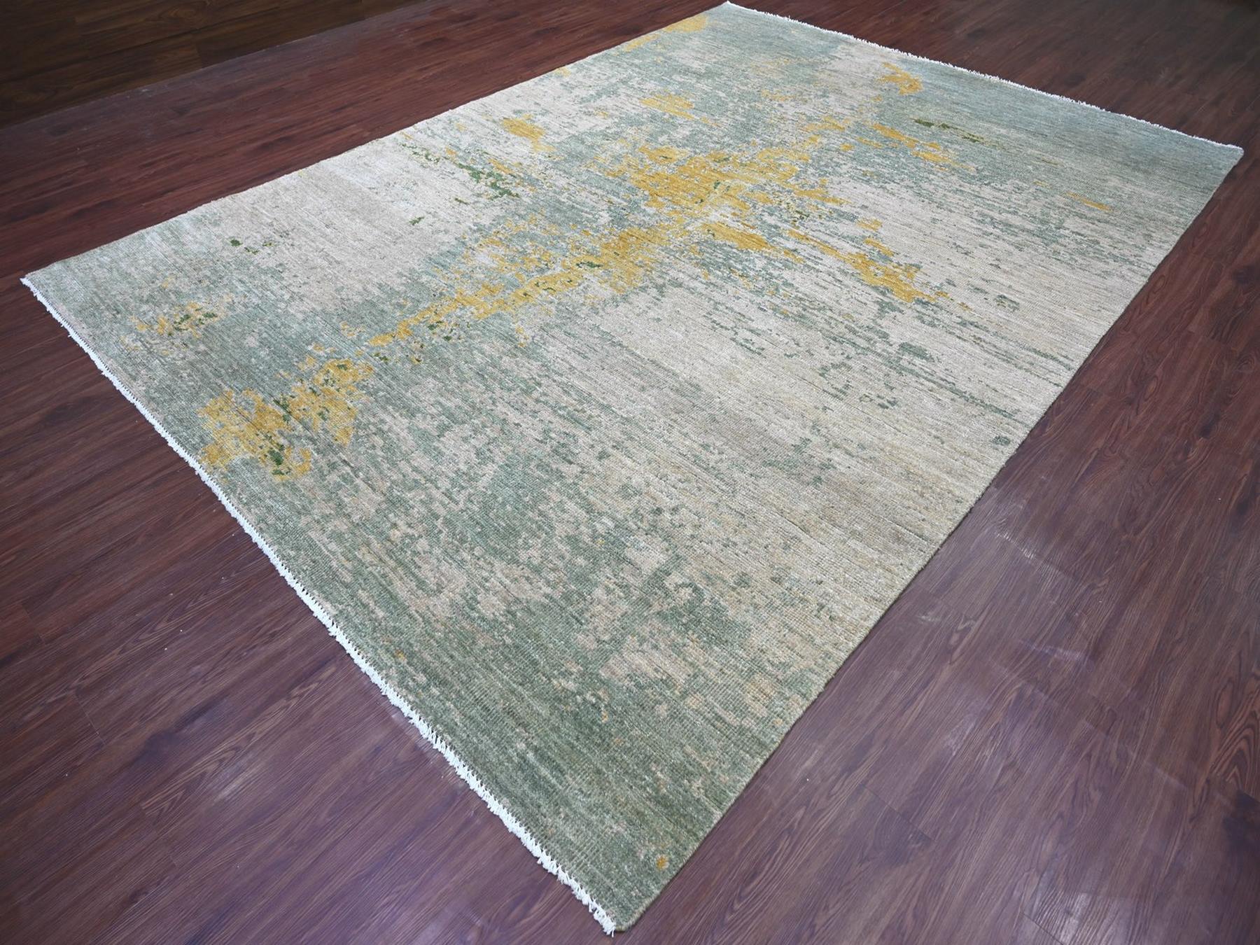 8'9"x12' Green with Gold, Modern Abstract Design, Hand Knotted, Pure Afghan Wool, Oriental Rug HR22886 - Image 3