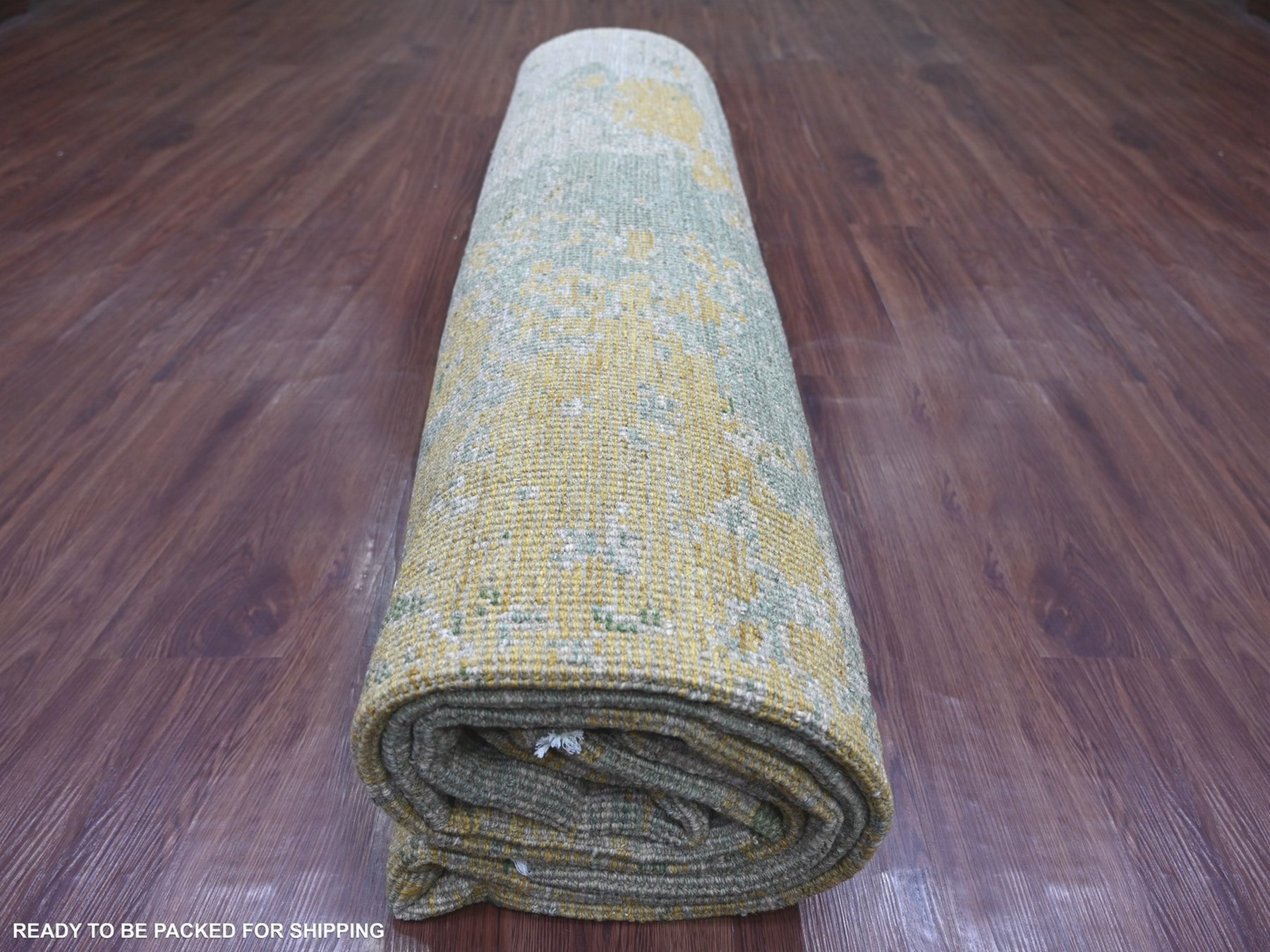 8'9"x12' Green with Gold, Modern Abstract Design, Hand Knotted, Pure Afghan Wool, Oriental Rug HR22886 - Image 9
