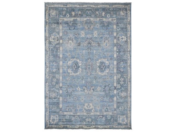 6'x9' Ruddy Blue, Afghan Angora Oushak with All Over Leaf Design, Hand Knotted, 100% Wool, Vegetable Dyes, Oriental Rug HR22896