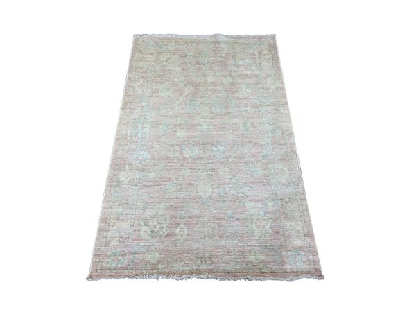 3'3"x4'10" Faded Pink, Afghan Angora Oushak with All Over Leaf Design, Hand Knotted, 100% Wool, Vegetable Dyes, Oriental Rug HR22899