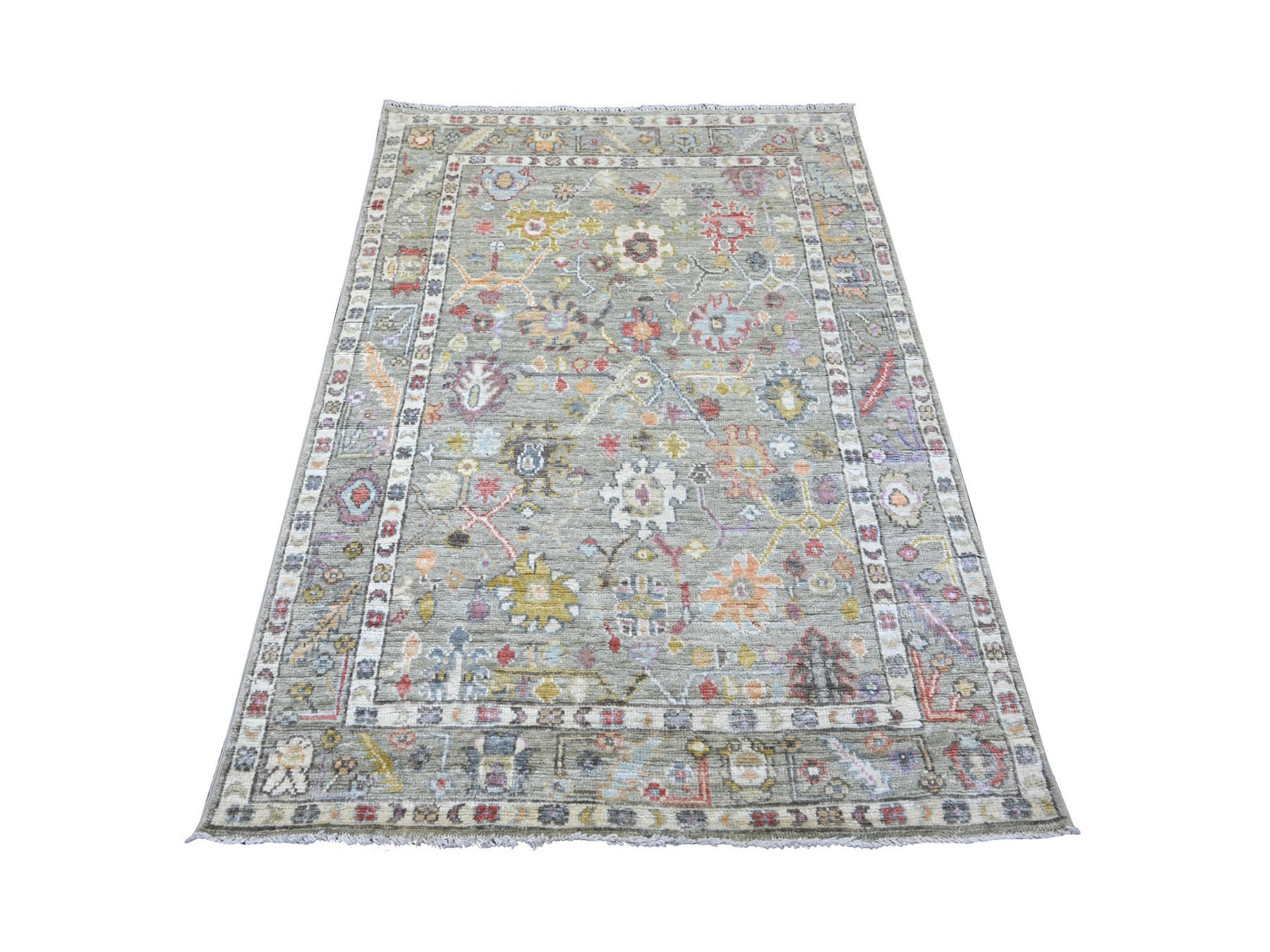 4'1"x6' Spanish Gray, Afghan Angora Oushak with Colorful Leaf Design, Hand Knotted, 100% Wool, Vegetable Dyes, Oriental Rug HR22902