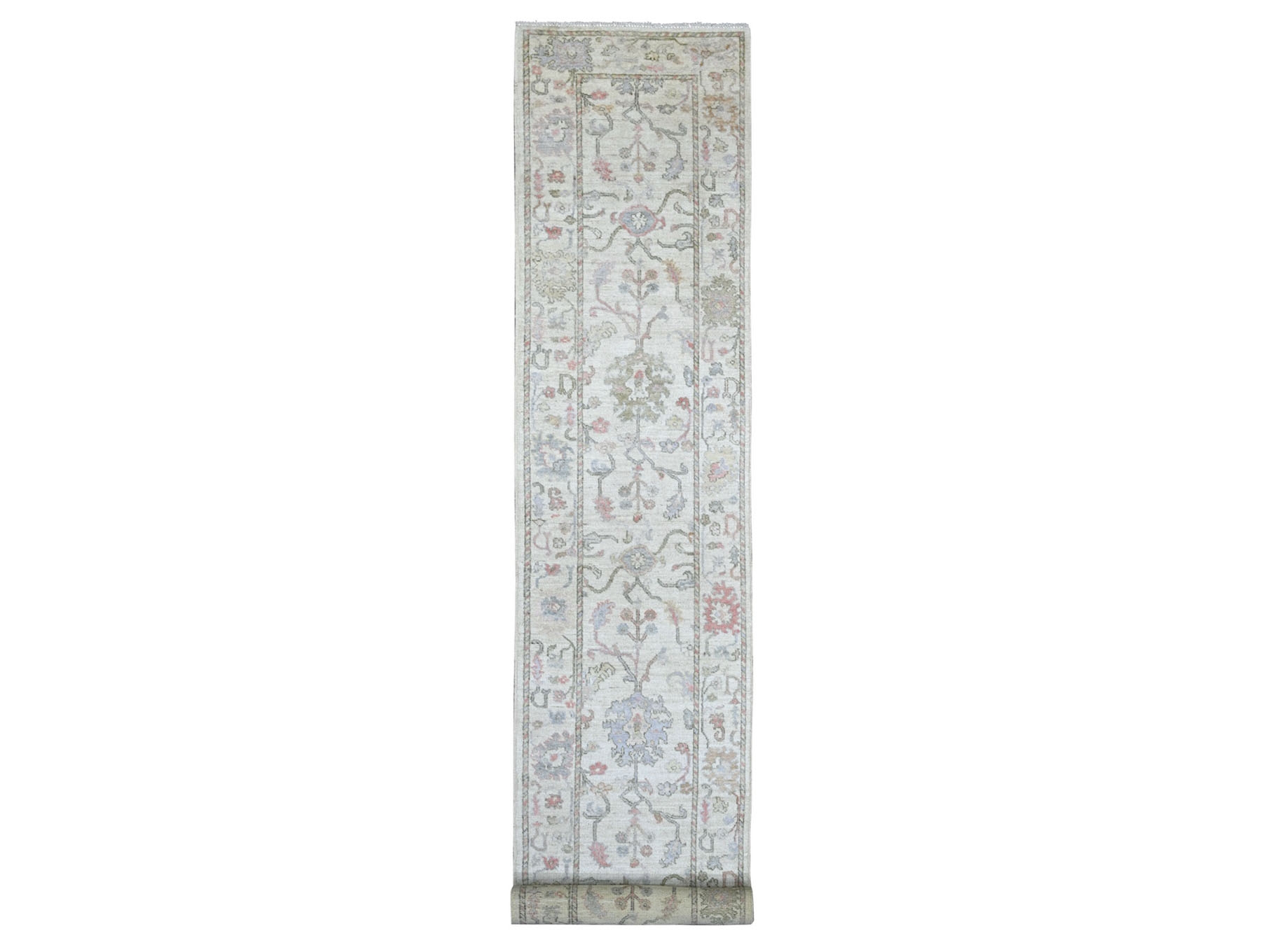 3'x19'6" Alabaster White, Afghan Angora Oushak with All Over Leaf Design, Hand Knotted, 100% Wool, Vegetable Dyes, XL Runner, Oriental Rug HR22905