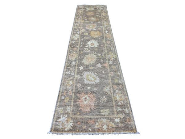 2'10"x12' Beaver Brown, Afghan Angora Oushak with All Over Leaf Design, Hand Knotted, 100% Wool, Vegetable Dyes, Runner, Oriental Rug HR22906