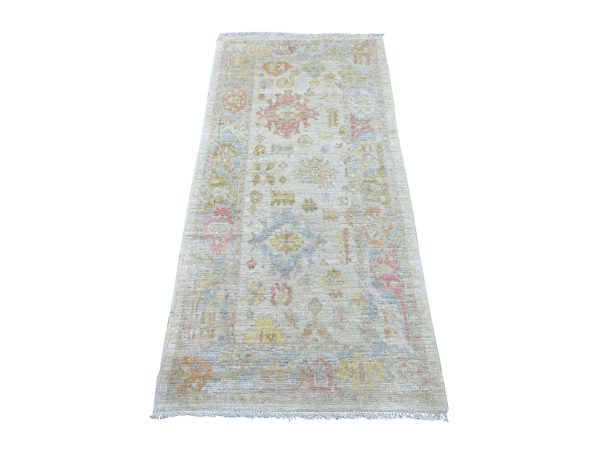2'10"x6' Light Gray, Afghan Angora Oushak with All Over Leaf Design, Hand Knotted, 100% Wool, Vegetable Dyes, Runner, Oriental Rug HR22907