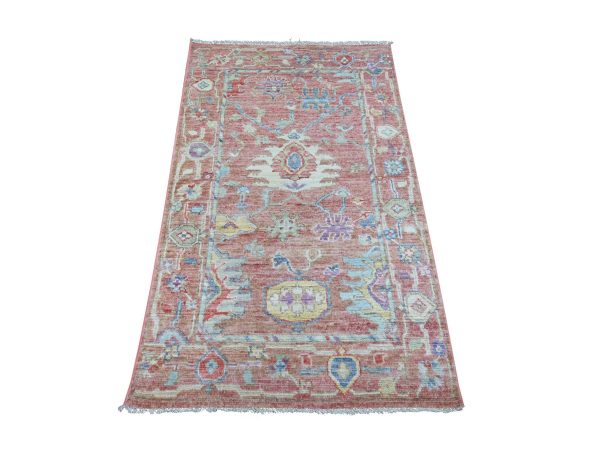 3'2"x5'2" Rose Pink, Afghan Angora Oushak with All Over Leaf Design, Hand Knotted, 100% Wool, Vegetable Dyes, Oriental Rug HR22911