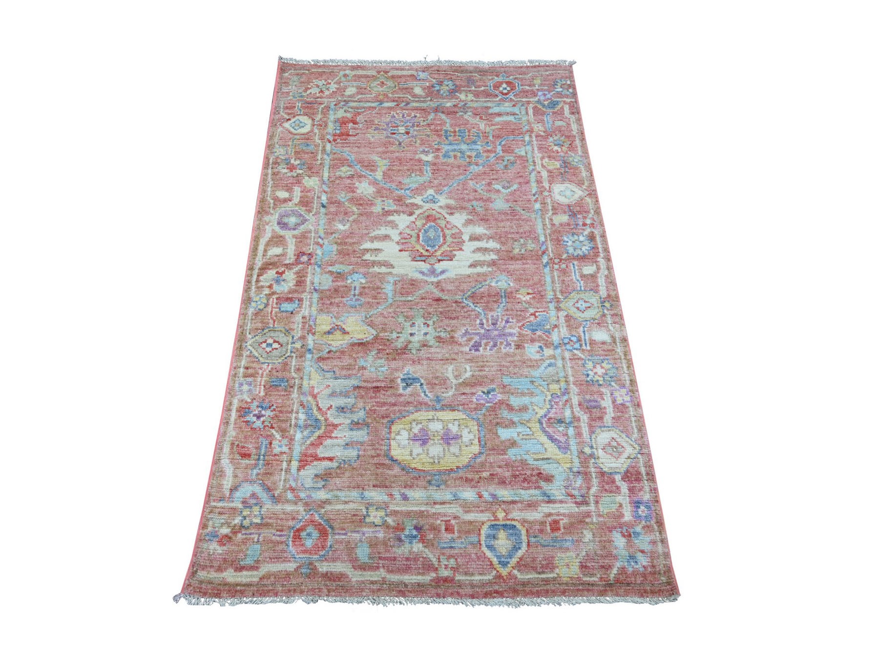 3'2"x5'2" Rose Pink, Afghan Angora Oushak with All Over Leaf Design, Hand Knotted, 100% Wool, Vegetable Dyes, Oriental Rug HR22911