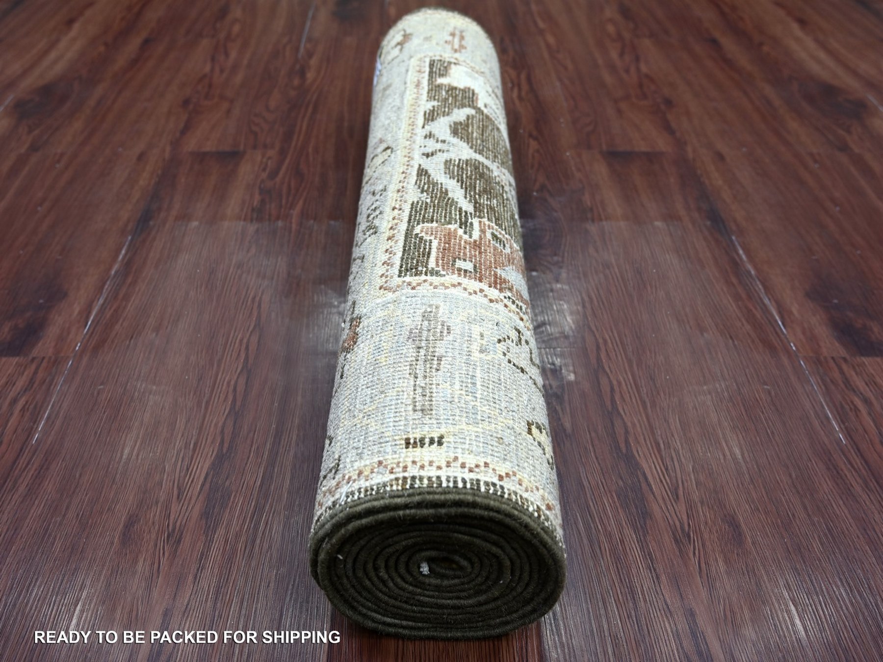 3'x12' Almond Brown, Afghan Angora Oushak with All Over Leaf Design, Hand Knotted, 100% Wool, Vegetable Dyes, Runner, Oriental Rug HR22942 - Image 4