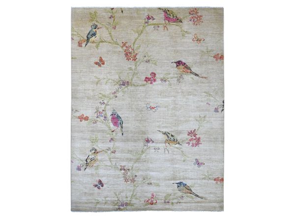 9'x11'9" Beige, Sparrows on the Tree, Peshawar, High Mountain Wool, Finely Hand Knotted, Soft to the Touch, Oriental Rug HR22950