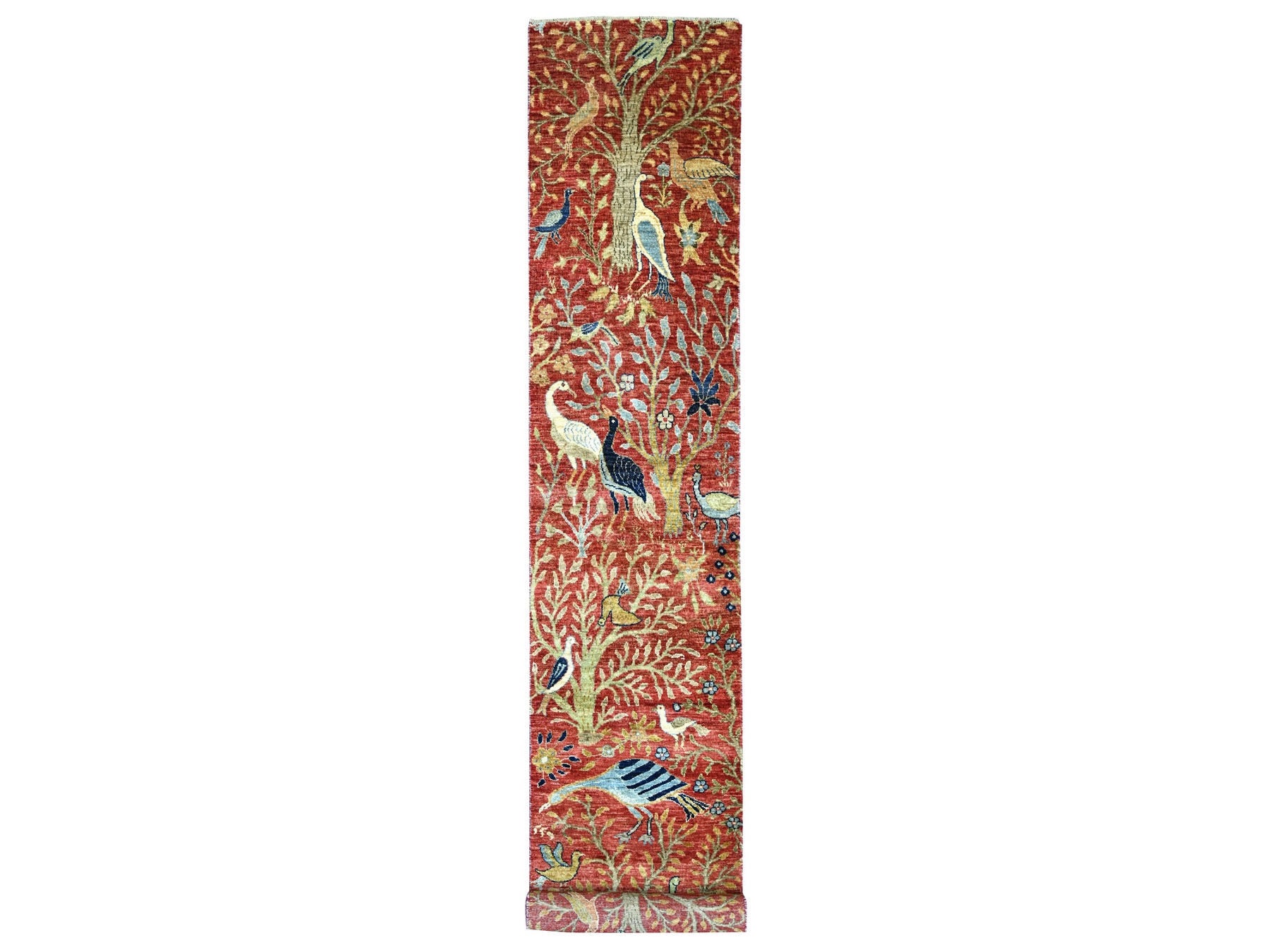 2'6"x16' Crimson Red, Afghan Peshawar with Birds of Paradise Design, Hand Knotted, Soft and Shiny Wool, Vegetable Dyes, XL Runner, Oriental Rug HR22952