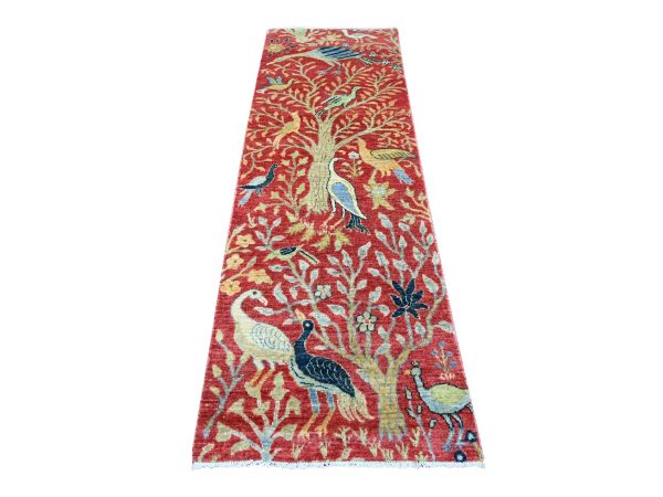 2'7"x8' Crimson Red, Hand Knotted, Afghan Peshawar with Birds of Paradise Design, Soft and Shiny Wool, Vegetable Dyes, Runner, Oriental Rug HR22954