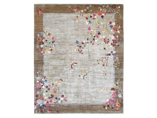 8'2"x9'10" Light Brown, Chinese Art Deco Inspired Peshawar, Hand Knotted, Soft and Velvety Wool, Vegetable Dyes, Oriental Rug HR22962