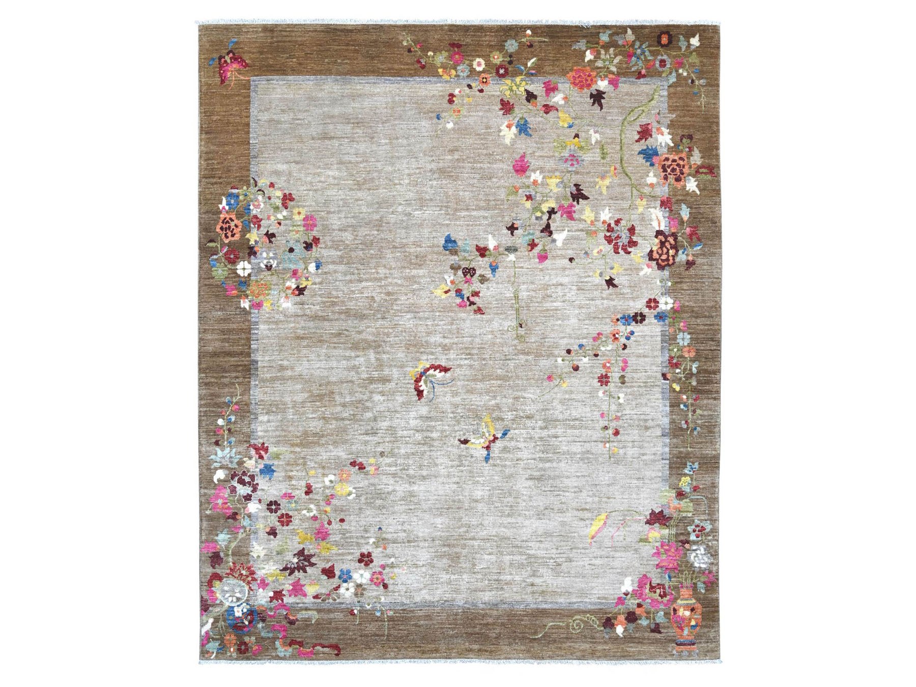 8'2"x9'10" Light Brown, Chinese Art Deco Inspired Peshawar, Hand Knotted, Soft and Velvety Wool, Vegetable Dyes, Oriental Rug HR22962