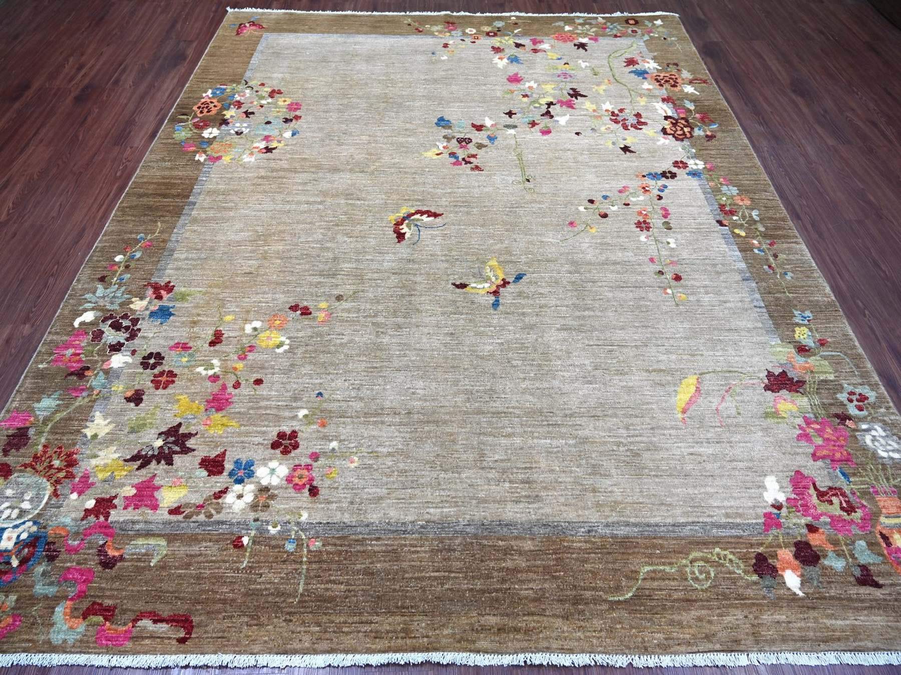 8'2"x9'10" Light Brown, Chinese Art Deco Inspired Peshawar, Hand Knotted, Soft and Velvety Wool, Vegetable Dyes, Oriental Rug HR22962 - Image 2