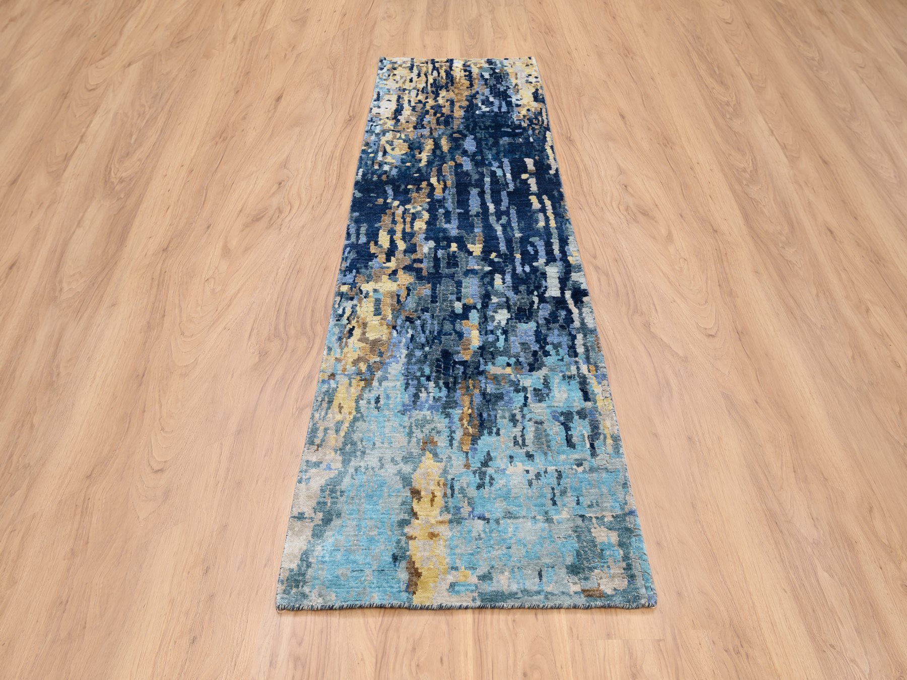 2'8"x9'9" Denim Blue with Mix of Gold, Hand Knotted, Mosaic Design Wool and Silk, Runner Persian Knot Oriental Rug HR63910 - Image 2