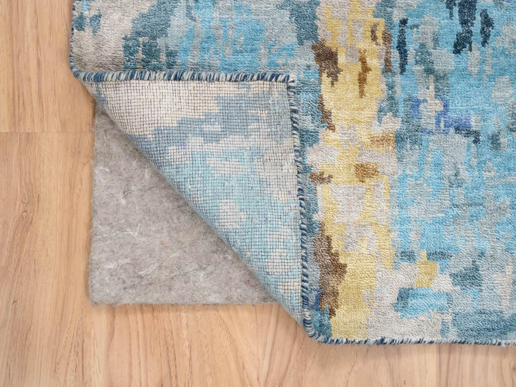 2'8"x9'9" Denim Blue with Mix of Gold, Hand Knotted, Mosaic Design Wool and Silk, Runner Persian Knot Oriental Rug HR63910 - Image 3