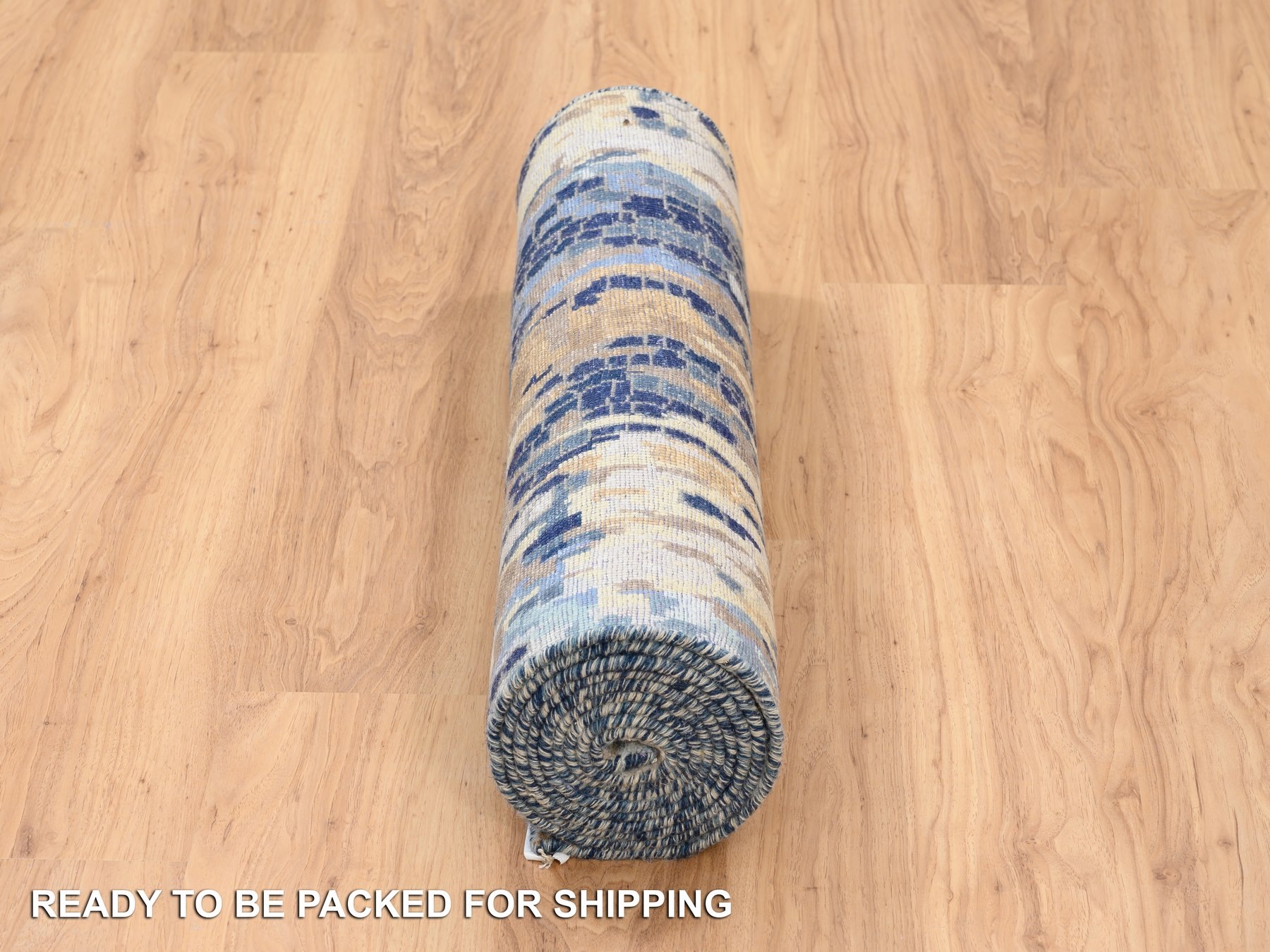 2'8"x9'9" Denim Blue with Mix of Gold, Hand Knotted, Mosaic Design Wool and Silk, Runner Persian Knot Oriental Rug HR63910 - Image 6