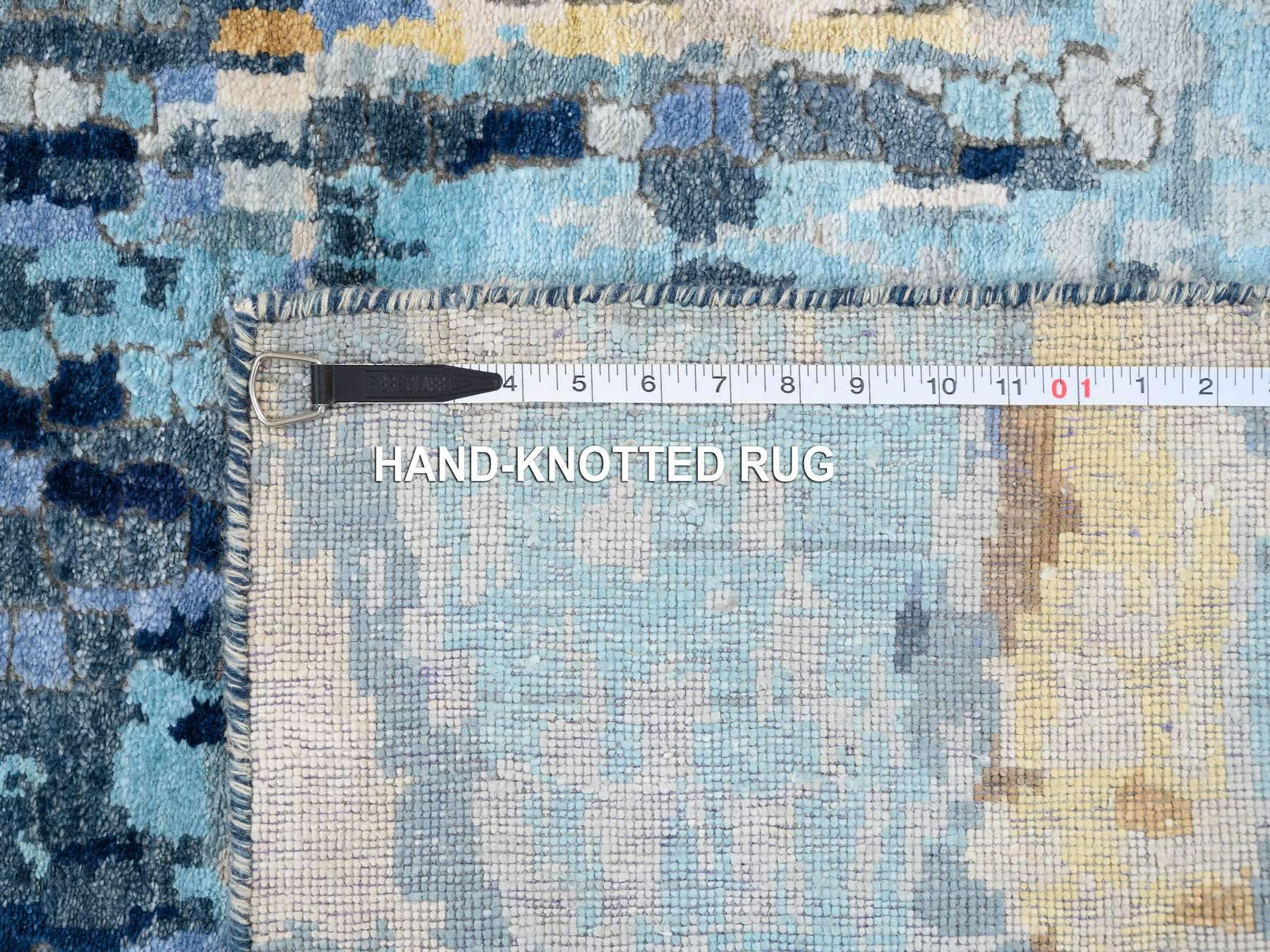 2'8"x9'9" Denim Blue with Mix of Gold, Hand Knotted, Mosaic Design Wool and Silk, Runner Persian Knot Oriental Rug HR63910 - Image 8
