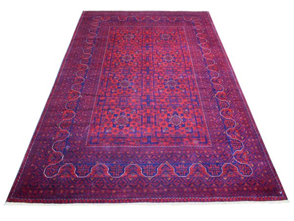 5'6"x8' Deep and Saturated Red, Afghan Khamyab with Geometric Design, Soft and Shiny Wool Hand Knotted, Oriental Rug HR71776